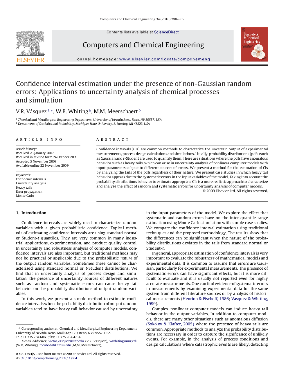 Confidence interval estimation under the presence of non-Gaussian random errors: Applications to uncertainty analysis of chemical processes and simulation