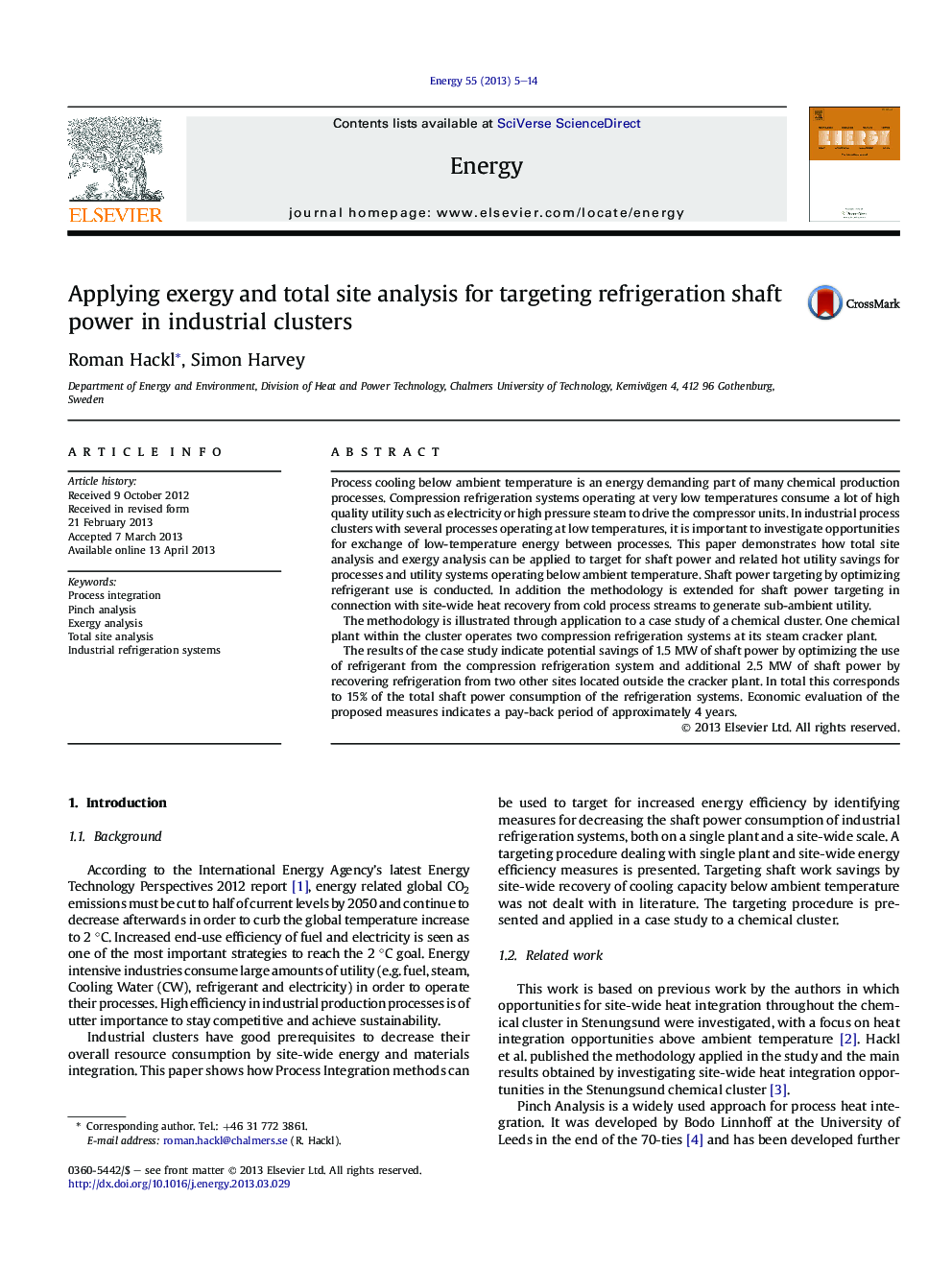 Applying exergy and total site analysis for targeting refrigeration shaft power in industrial clusters