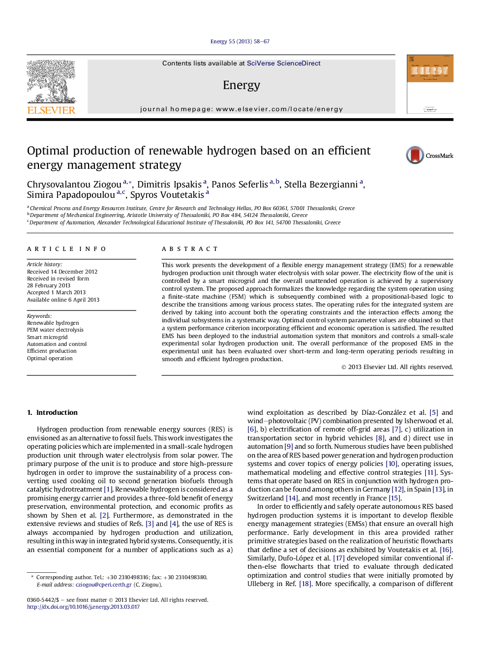 Optimal production of renewable hydrogen based on an efficient energy management strategy