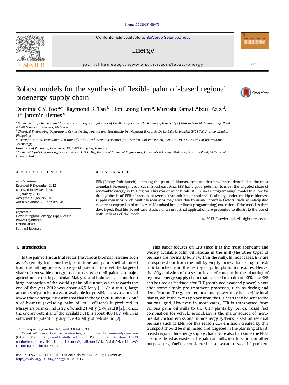 Robust models for the synthesis of flexible palm oil-based regional bioenergy supply chain