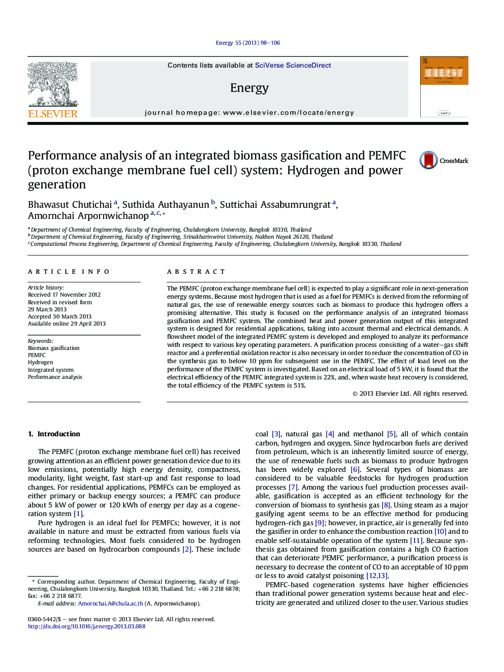 Performance analysis of an integrated biomass gasification and PEMFC (proton exchange membrane fuel cell) system: Hydrogen and power generation