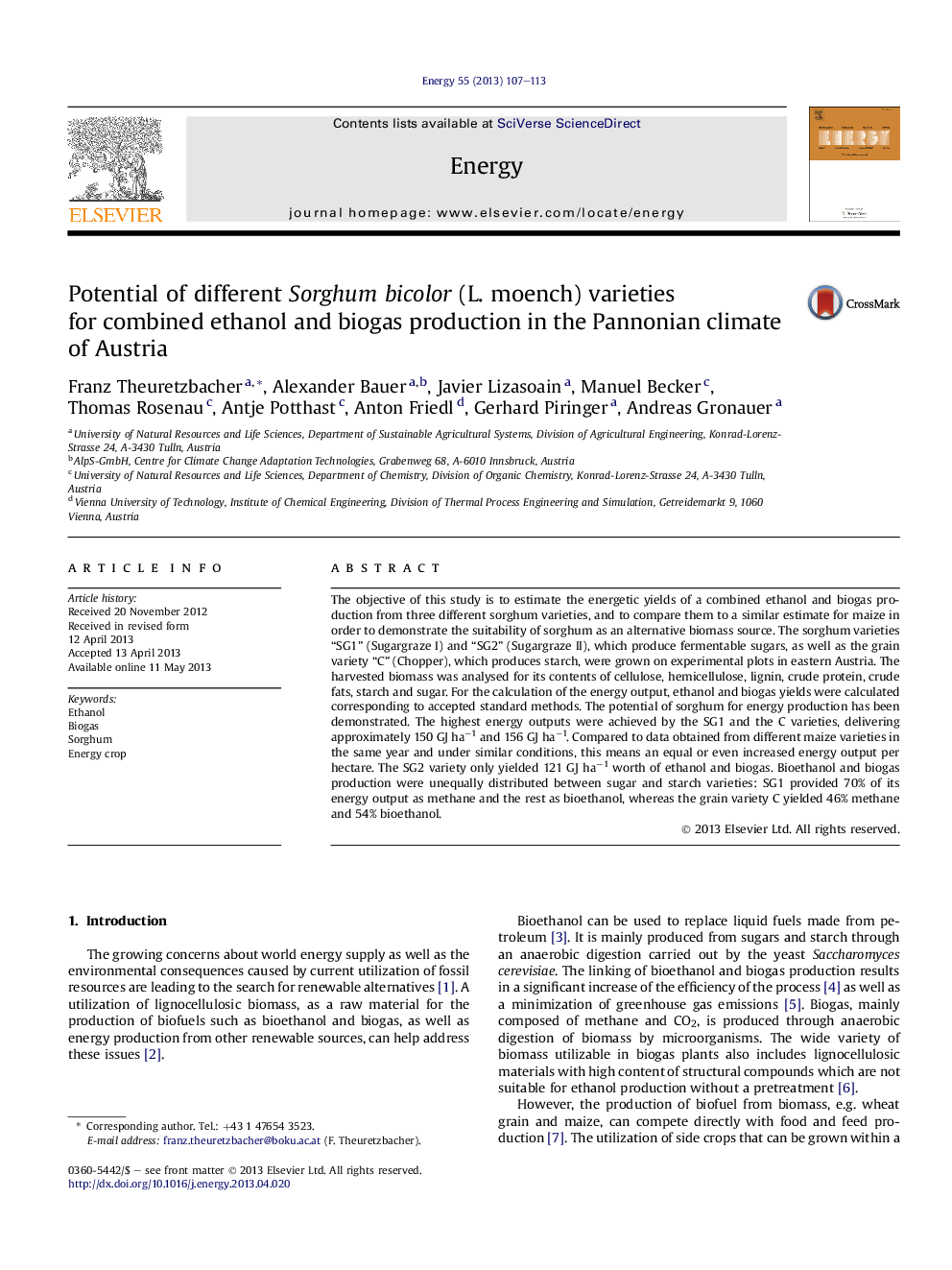 Potential of different Sorghum bicolor (L. moench) varieties for combined ethanol and biogas production in the Pannonian climate of Austria