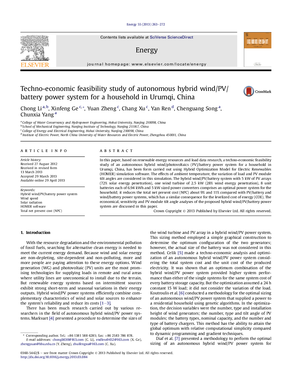 Techno-economic feasibility study of autonomous hybrid wind/PV/battery power system for a household in Urumqi, China