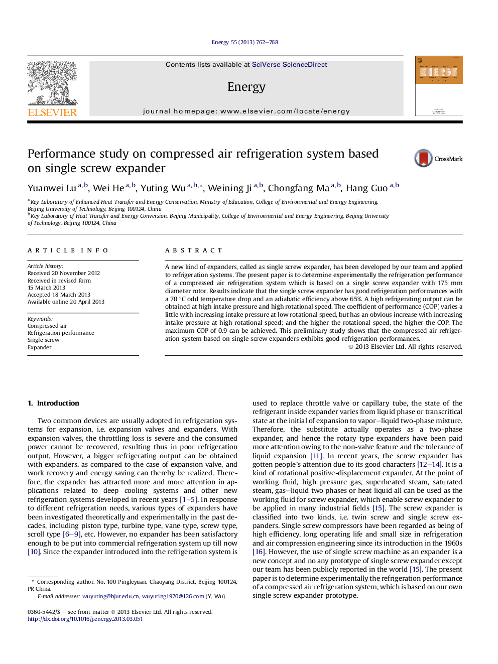 Performance study on compressed air refrigeration system based on single screw expander