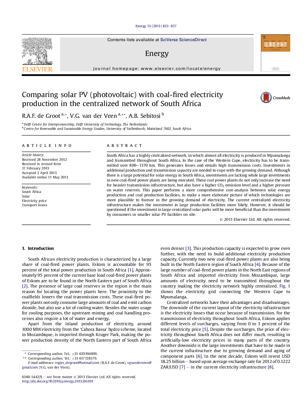 Comparing solar PV (photovoltaic) with coal-fired electricity production in the centralized network of South Africa