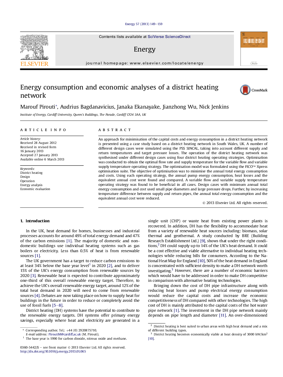 Energy consumption and economic analyses of a district heating network