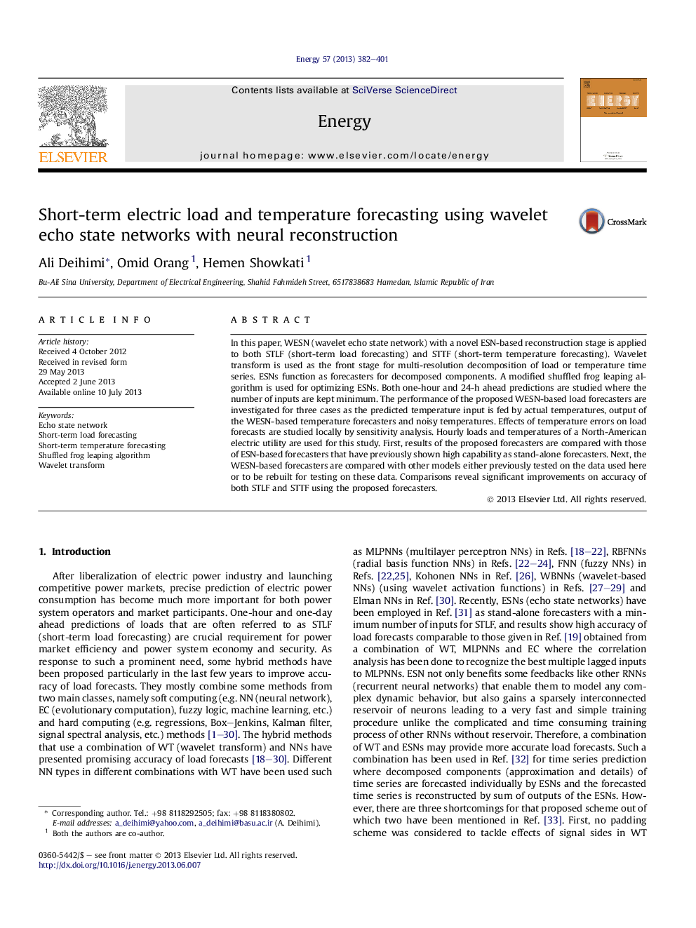 Short-term electric load and temperature forecasting using wavelet echo state networks with neural reconstruction