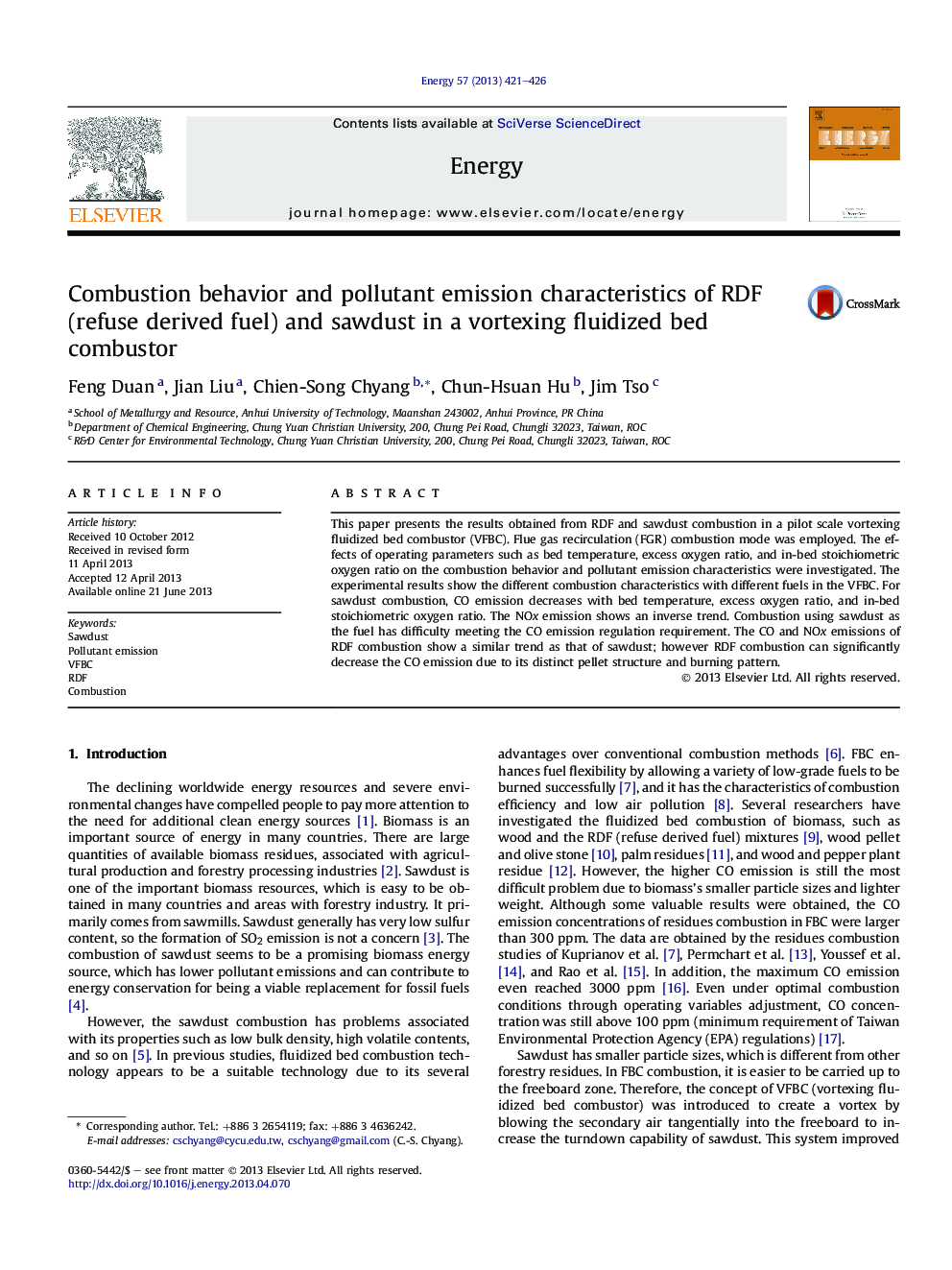 Combustion behavior and pollutant emission characteristics of RDF (refuse derived fuel) and sawdust in a vortexing fluidized bed combustor