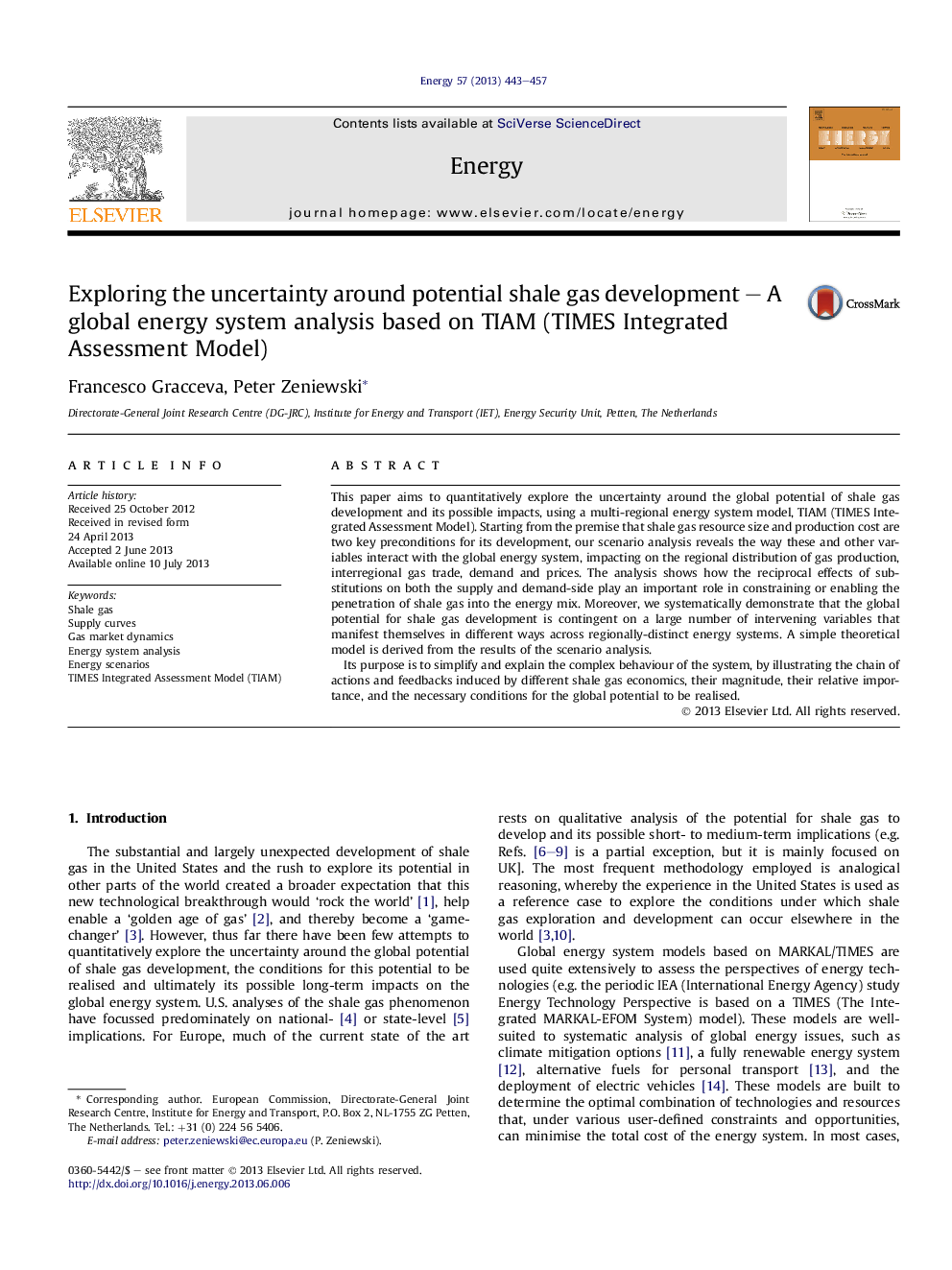 Exploring the uncertainty around potential shale gas development – A global energy system analysis based on TIAM (TIMES Integrated Assessment Model)