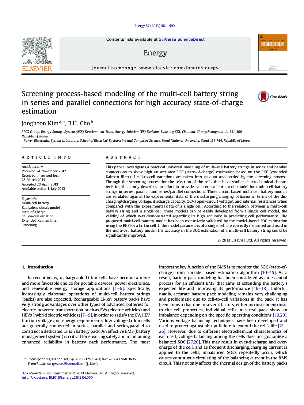 Screening process-based modeling of the multi-cell battery string in series and parallel connections for high accuracy state-of-charge estimation