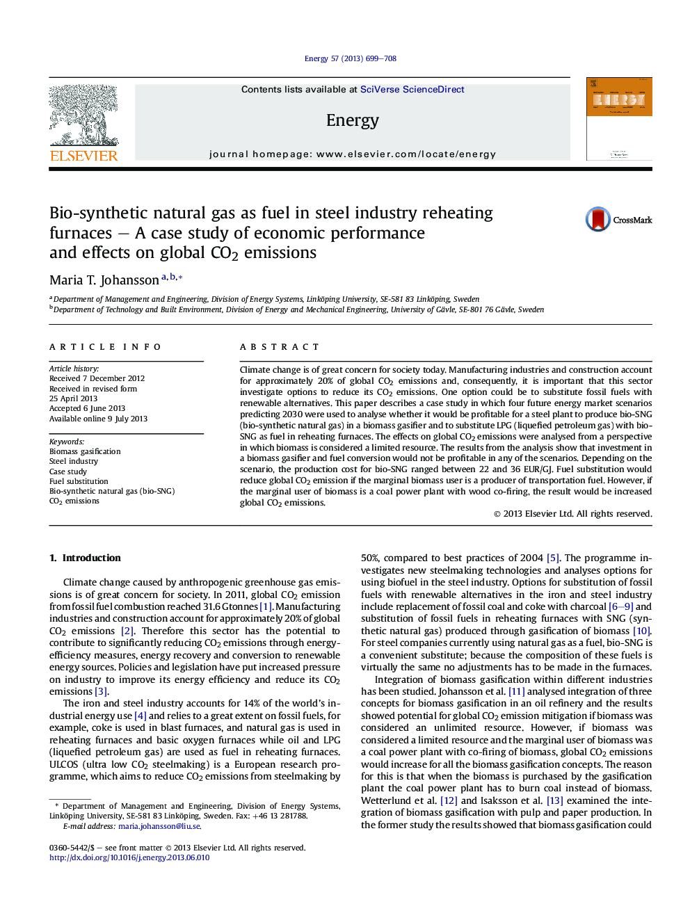 Bio-synthetic natural gas as fuel in steel industry reheating furnaces – A case study of economic performance and effects on global CO2 emissions