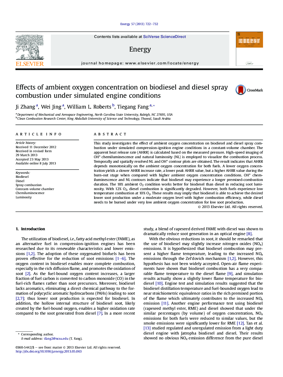 Effects of ambient oxygen concentration on biodiesel and diesel spray combustion under simulated engine conditions