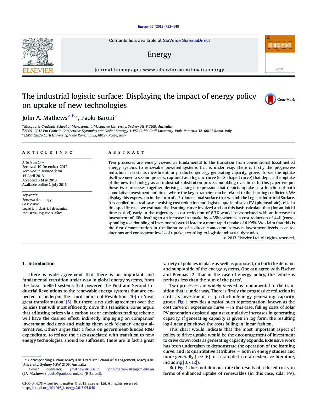 The industrial logistic surface: Displaying the impact of energy policy on uptake of new technologies