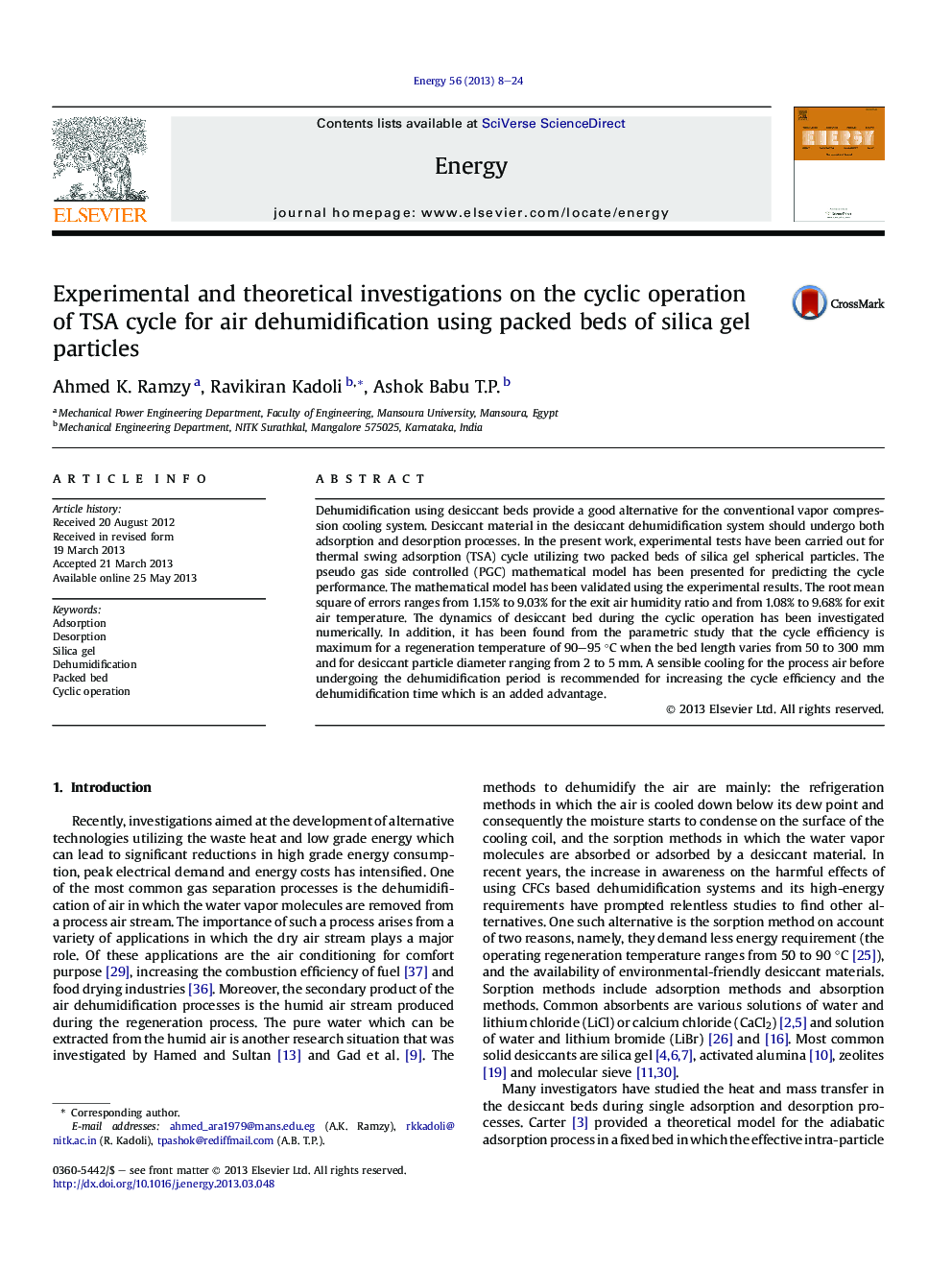 Experimental and theoretical investigations on the cyclic operation of TSA cycle for air dehumidification using packed beds of silica gel particles