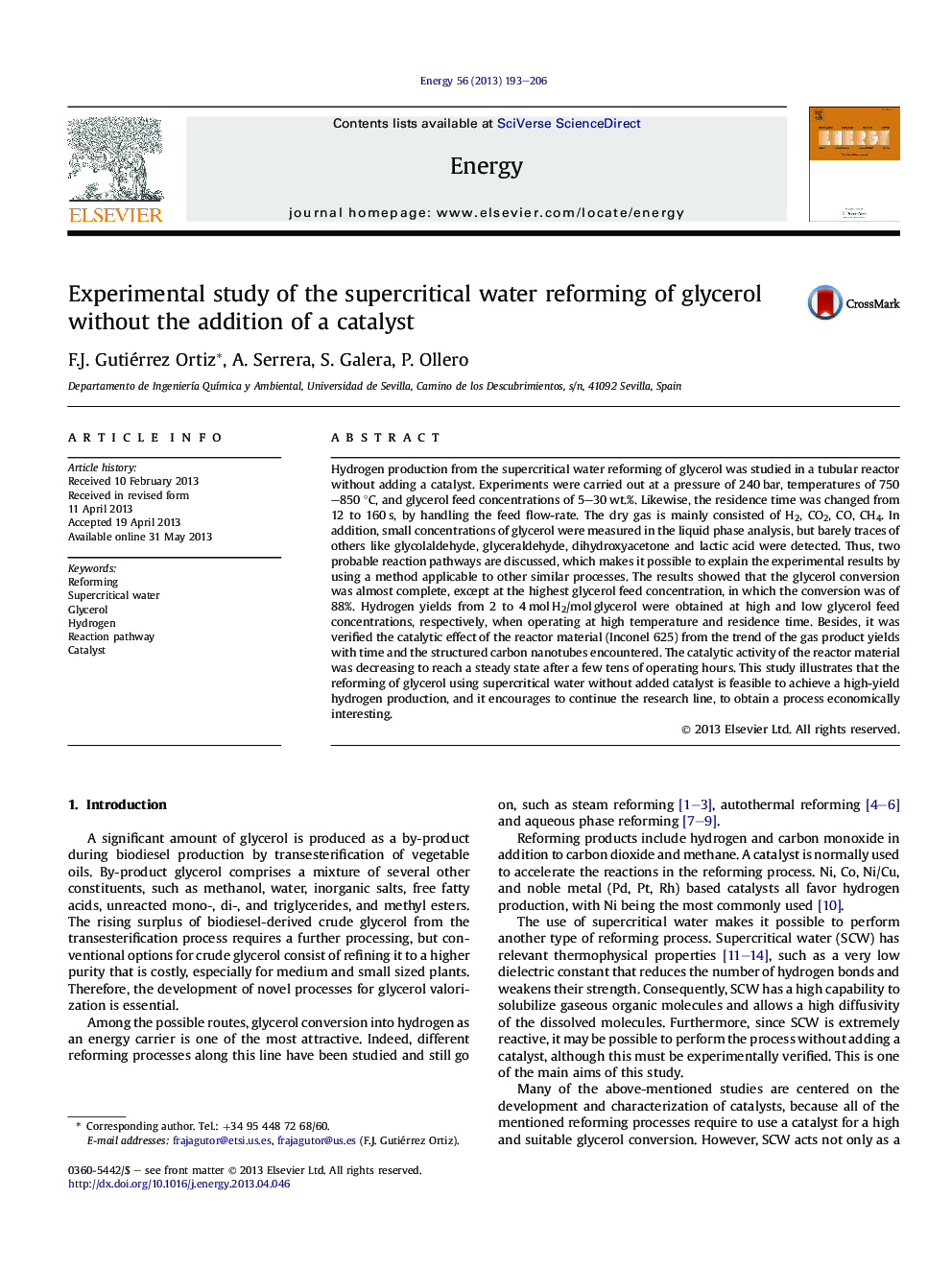 Experimental study of the supercritical water reforming of glycerol without the addition of a catalyst