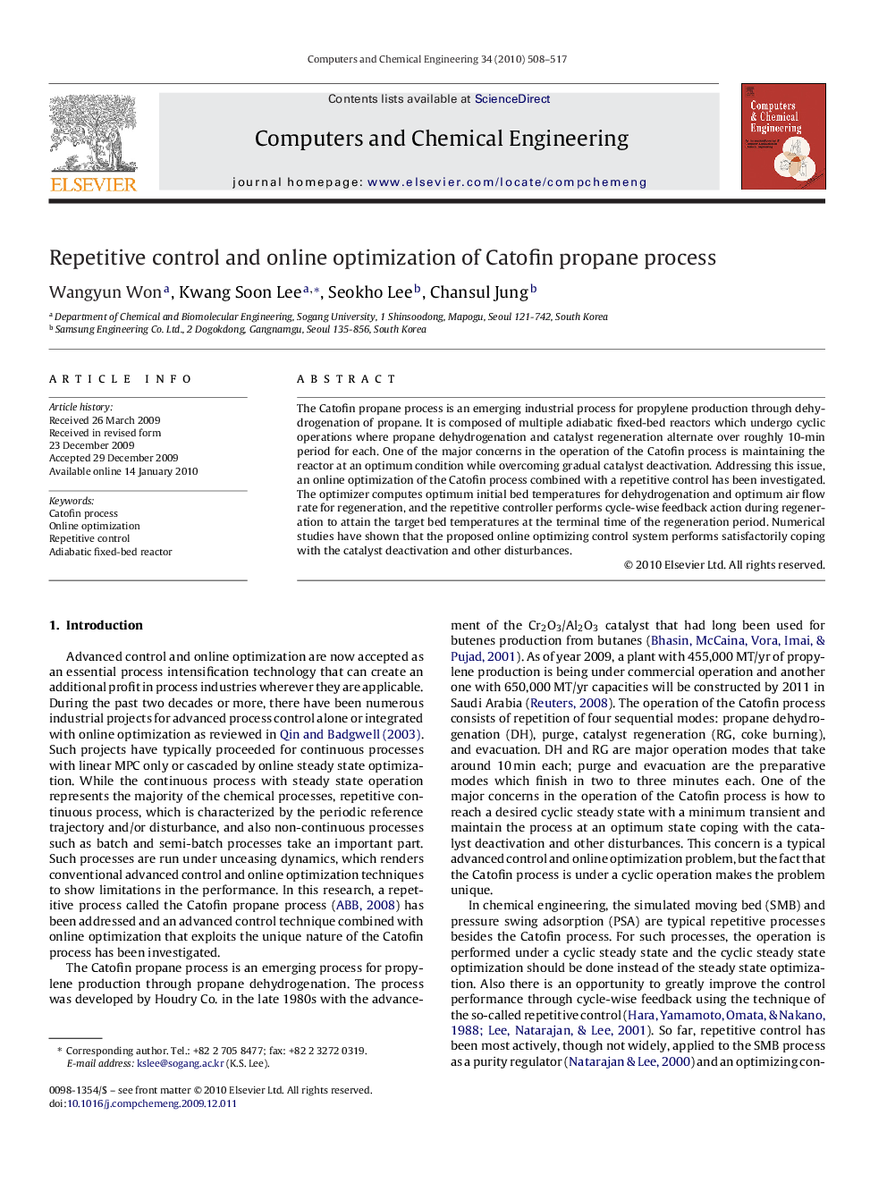 Repetitive control and online optimization of Catofin propane process