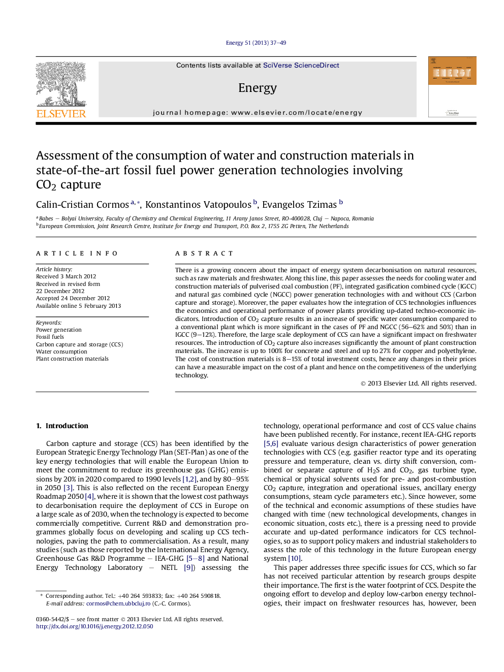 Assessment of the consumption of water and construction materials in state-of-the-art fossil fuel power generation technologies involving CO2 capture