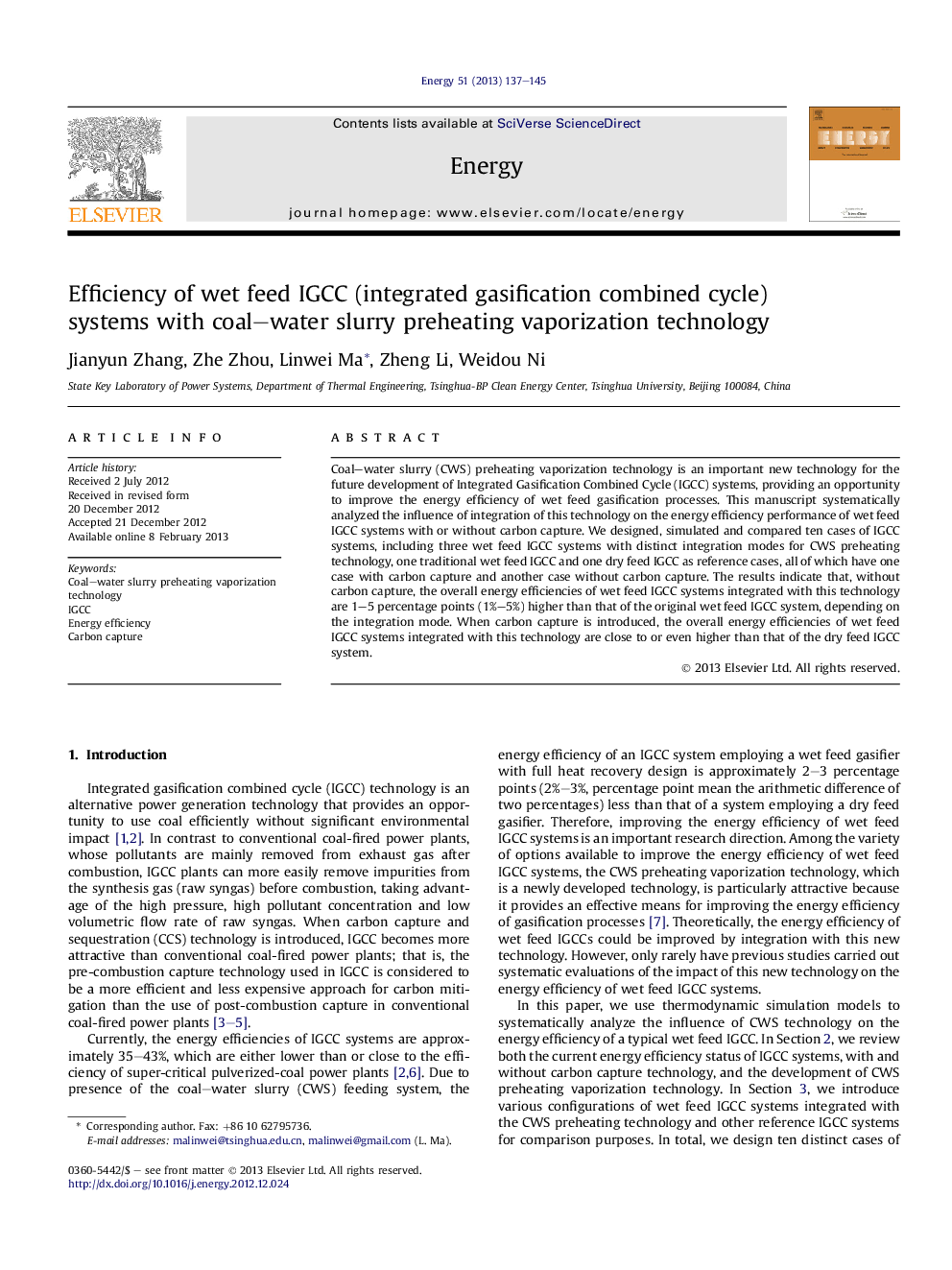 عکس صفحه اول مقاله: Efficiency of wet feed IGCC (integrated gasification combined cycle) systems with coal–water slurry preheating vaporization technology Efficiency of wet feed IGCC (integrated gasification combined cycle) systems with coal–water slurry preheating vaporization technology