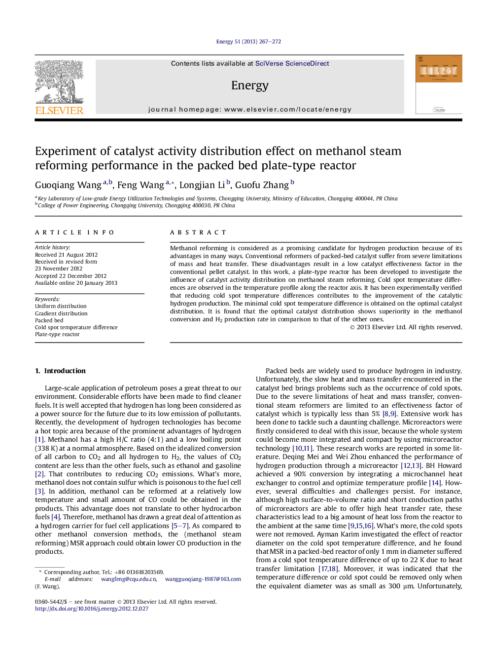 Experiment of catalyst activity distribution effect on methanol steam reforming performance in the packed bed plate-type reactor