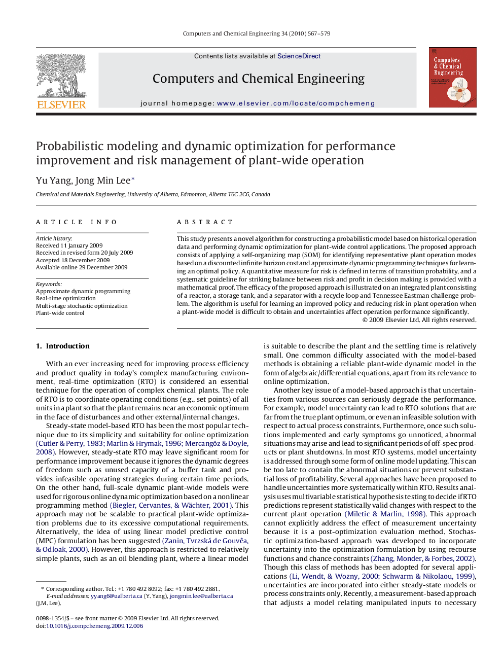 Probabilistic modeling and dynamic optimization for performance improvement and risk management of plant-wide operation