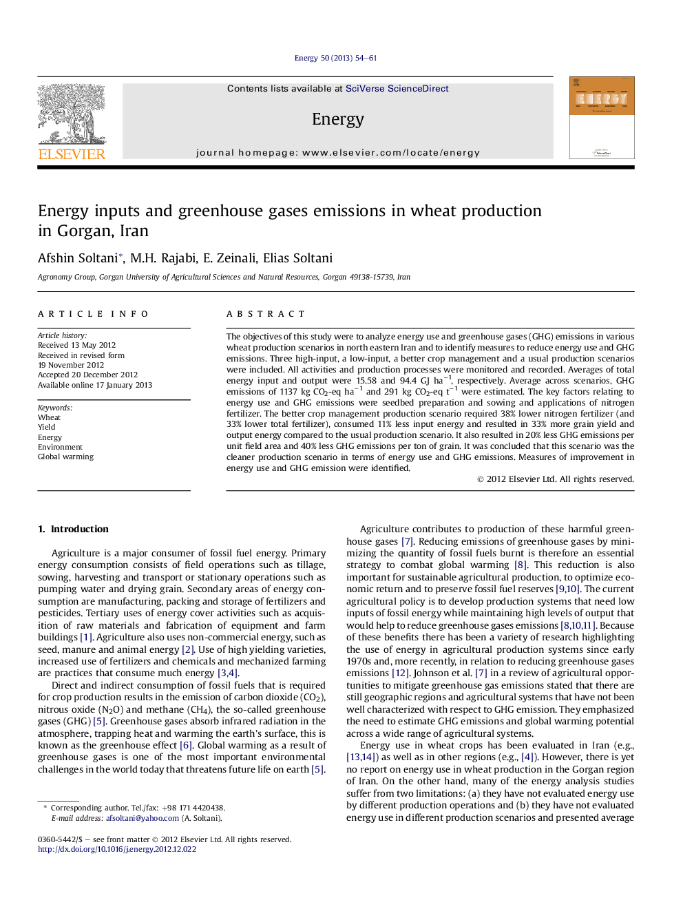 عکس صفحه اول مقاله: Energy inputs and greenhouse gases emissions in wheat production in Gorgan, Iran Energy inputs and greenhouse gases emissions in wheat production in Gorgan, Iran