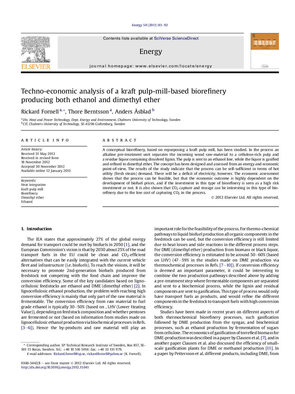 Techno-economic analysis of a kraft pulp-mill-based biorefinery producing both ethanol and dimethyl ether