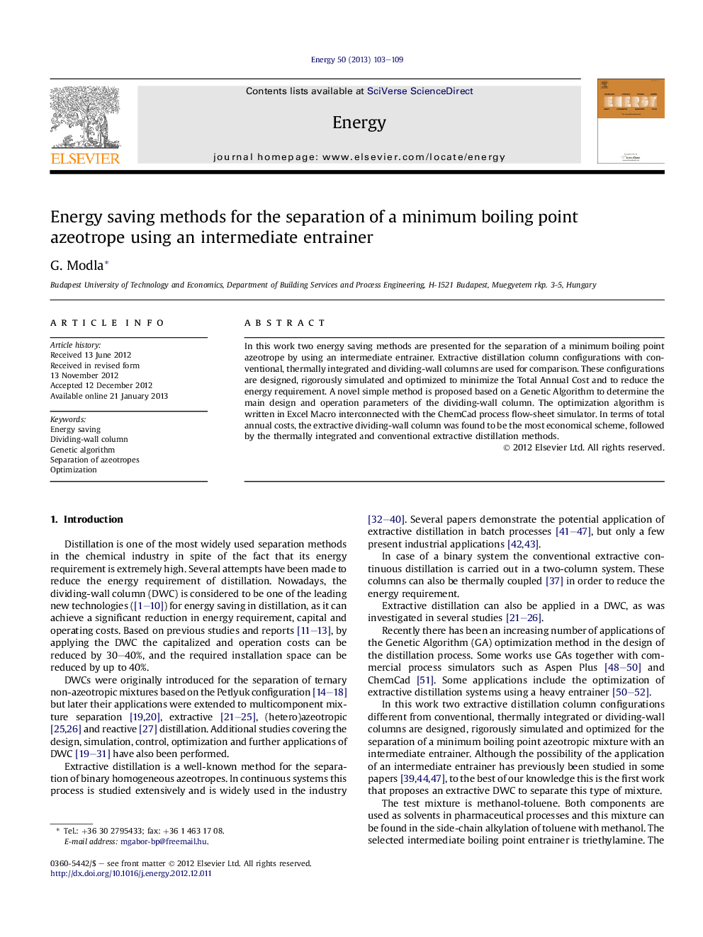 Energy saving methods for the separation of a minimum boiling point azeotrope using an intermediate entrainer