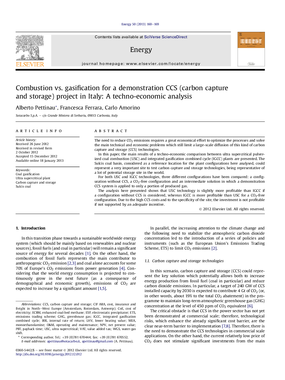 Combustion vs. gasification for a demonstration CCS (carbon capture and storage) project in Italy: A techno-economic analysis