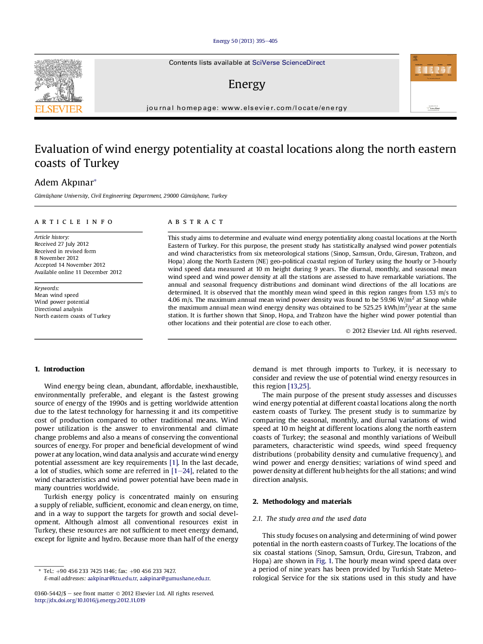 Evaluation of wind energy potentiality at coastal locations along the north eastern coasts of Turkey