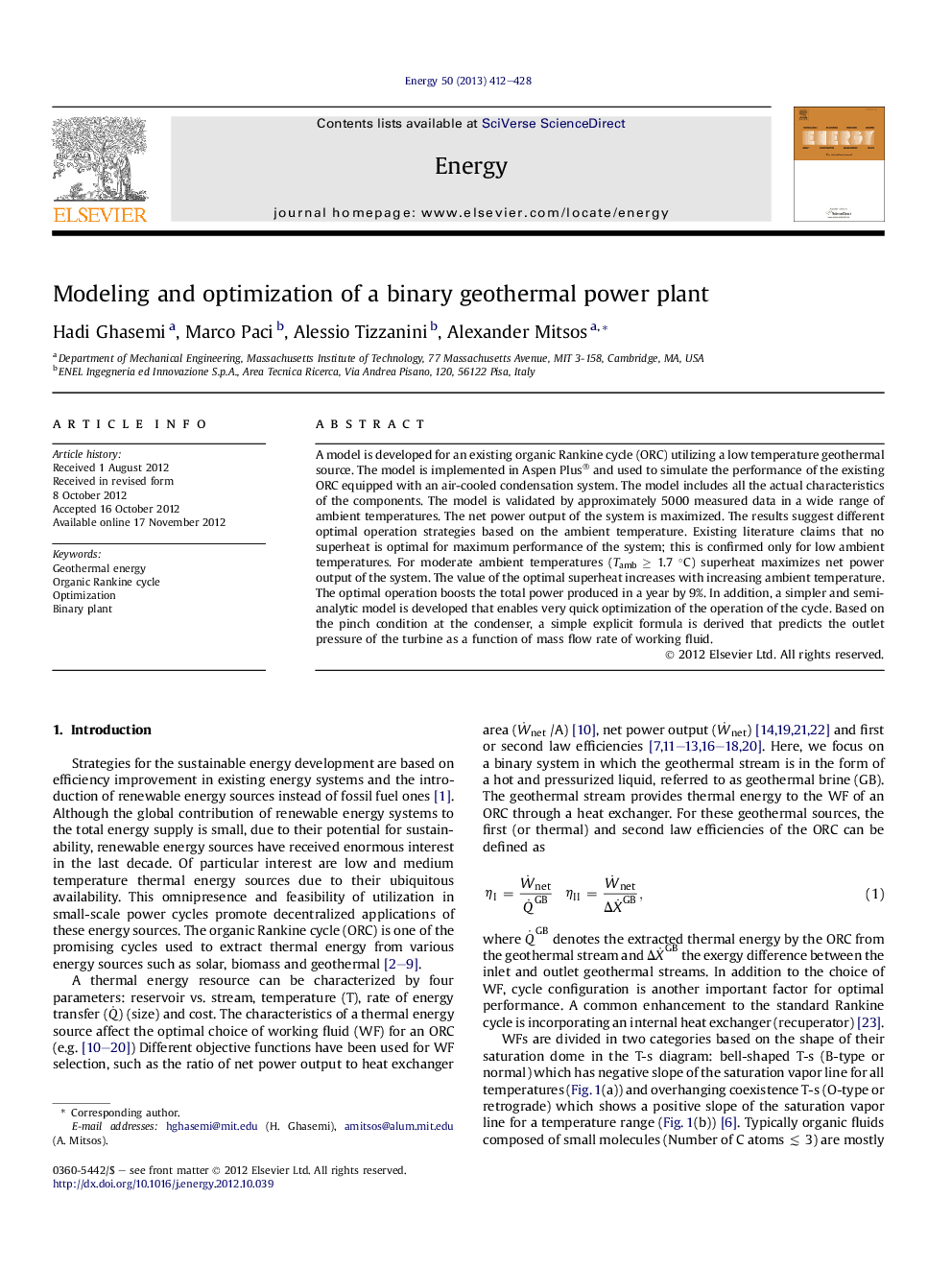 Modeling and optimization of a binary geothermal power plant