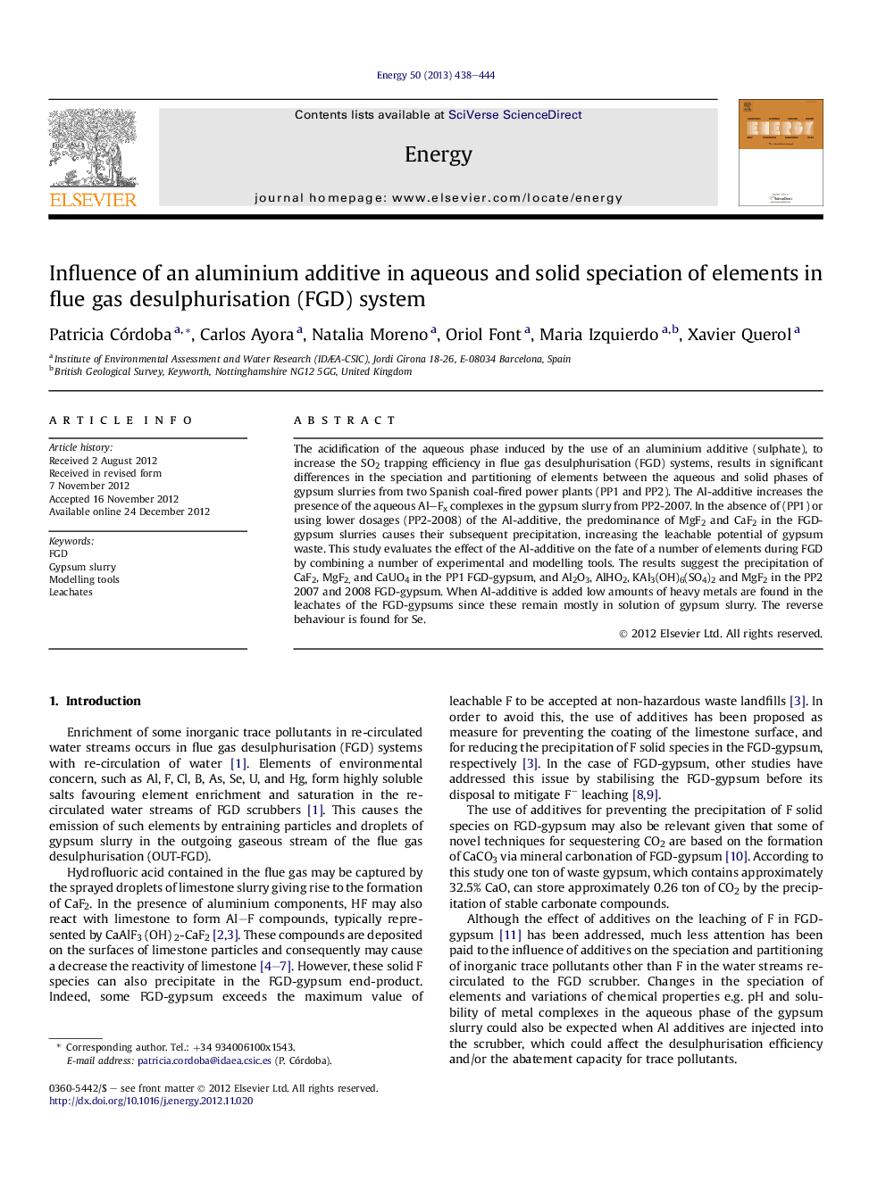 Influence of an aluminium additive in aqueous and solid speciation of elements in flue gas desulphurisation (FGD) system