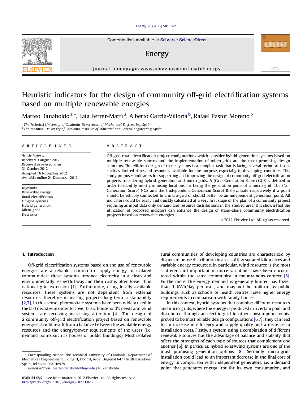 Heuristic indicators for the design of community off-grid electrification systems based on multiple renewable energies