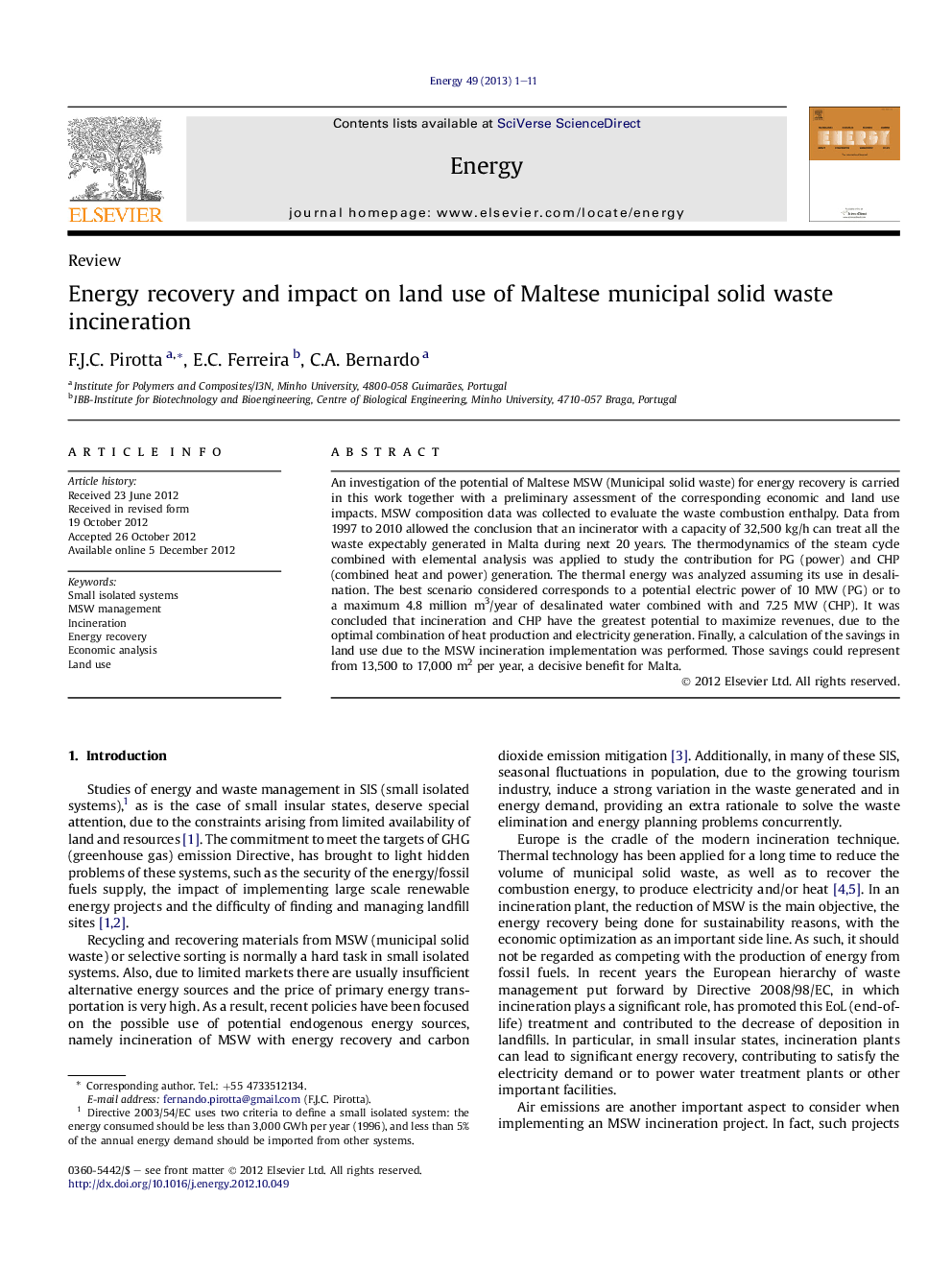 Energy recovery and impact on land use of Maltese municipal solid waste incineration