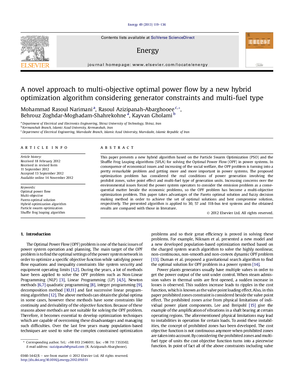عکس صفحه اول مقاله: A novel approach to multi-objective optimal power flow by a new hybrid optimization algorithm considering generator constraints and multi-fuel type A novel approach to multi-objective optimal power flow by a new hybrid optimization algorithm considering generator constraints and multi-fuel type