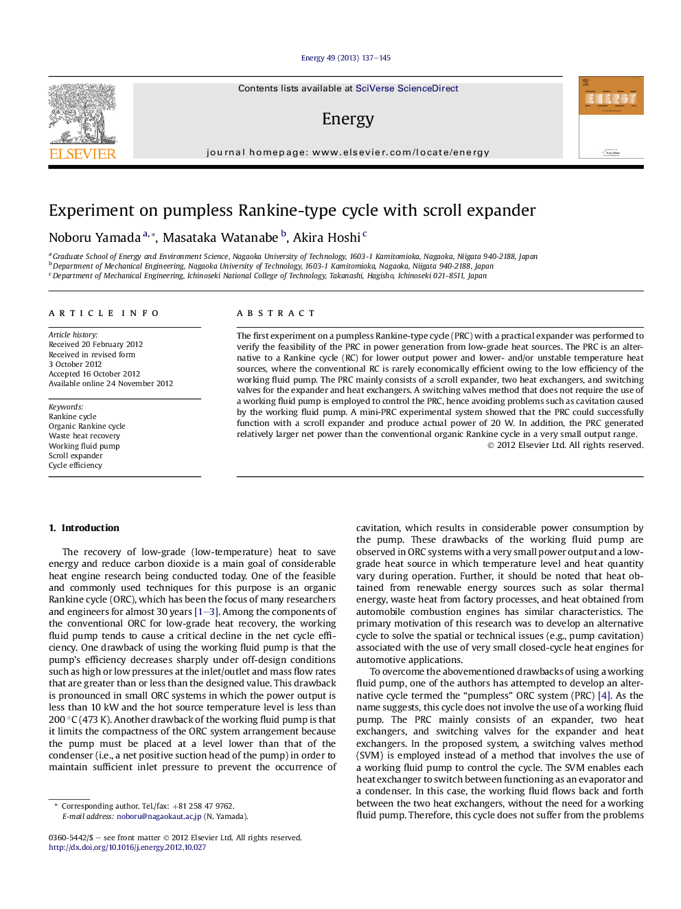 Experiment on pumpless Rankine-type cycle with scroll expander