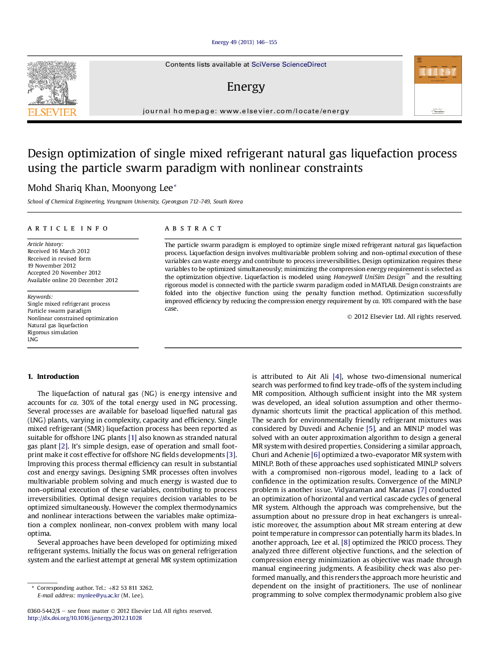 Design optimization of single mixed refrigerant natural gas liquefaction process using the particle swarm paradigm with nonlinear constraints