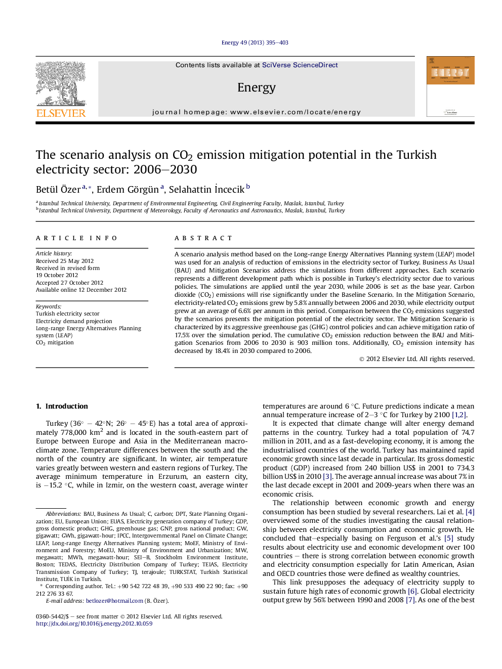 The scenario analysis on CO2 emission mitigation potential in the Turkish electricity sector: 2006–2030