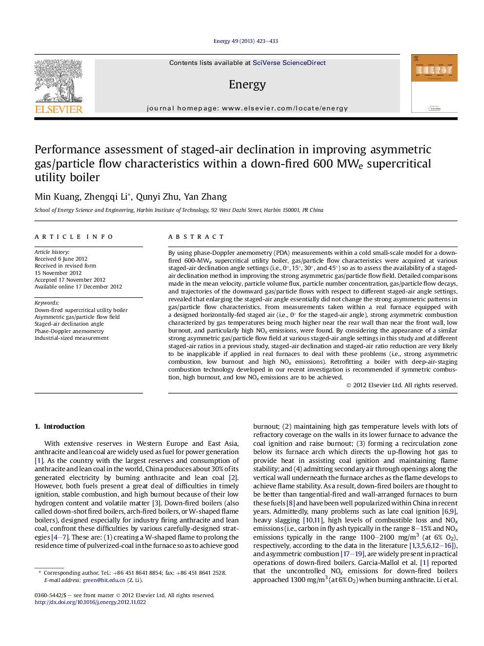 عکس صفحه اول مقاله: Performance assessment of staged-air declination in improving asymmetric gas/particle flow characteristics within a down-fired 600 MWe supercritical utility boiler Performance assessment of staged-air declination in improving asymmetric gas/particle flow characteristics within a down-fired 600 MWe supercritical utility boiler