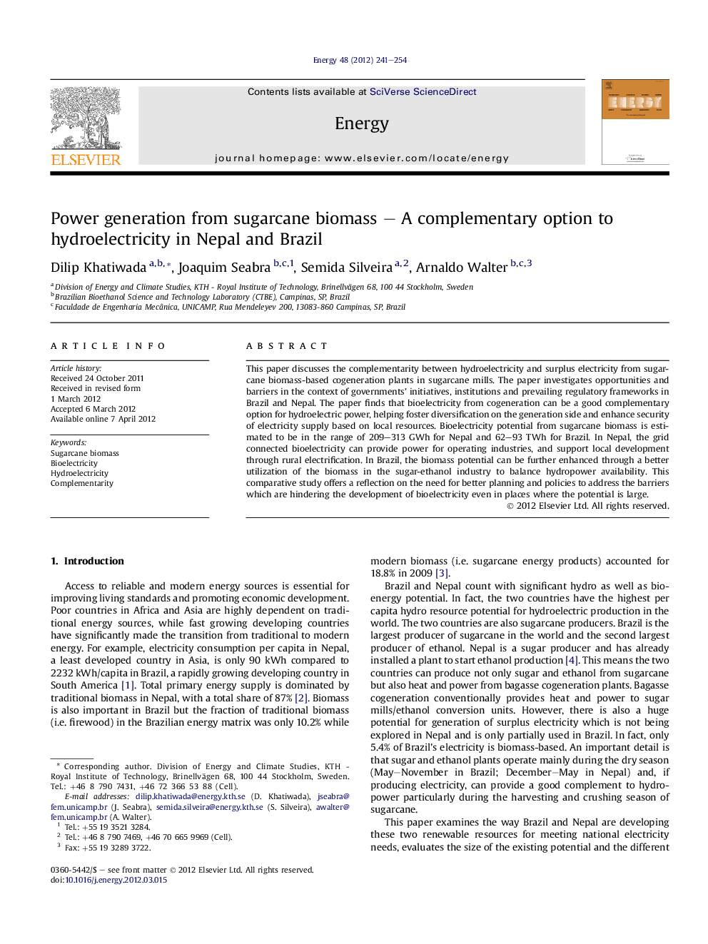 Power generation from sugarcane biomass – A complementary option to hydroelectricity in Nepal and Brazil