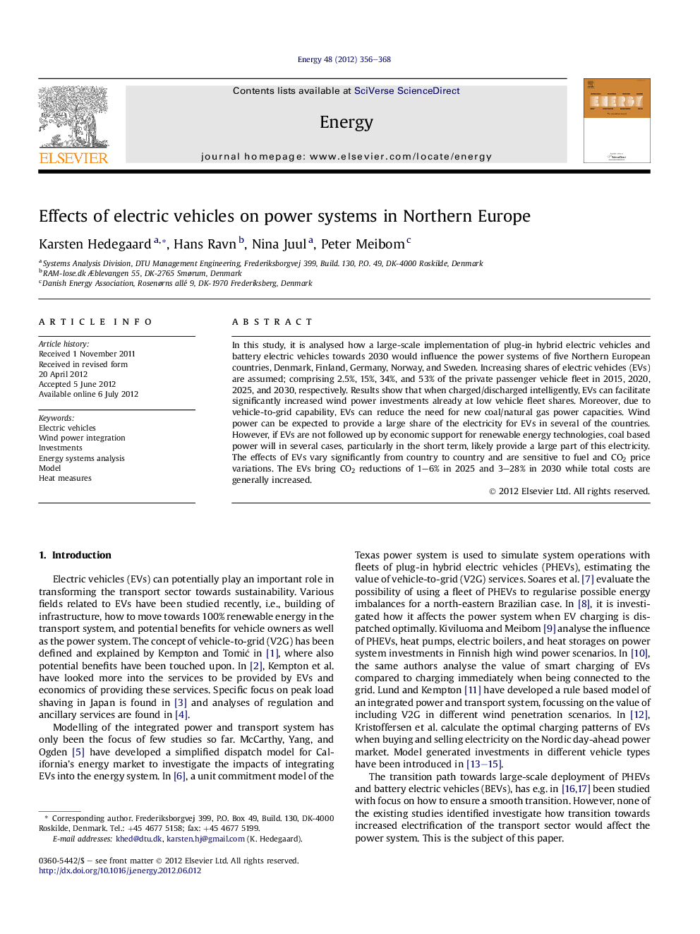 Effects of electric vehicles on power systems in Northern Europe