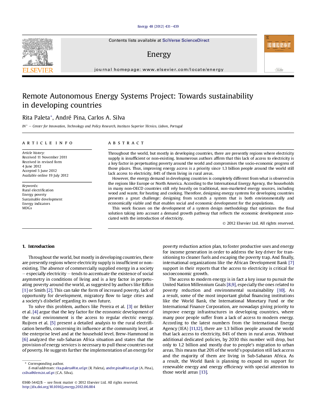 Remote Autonomous Energy Systems Project: Towards sustainability in developing countries