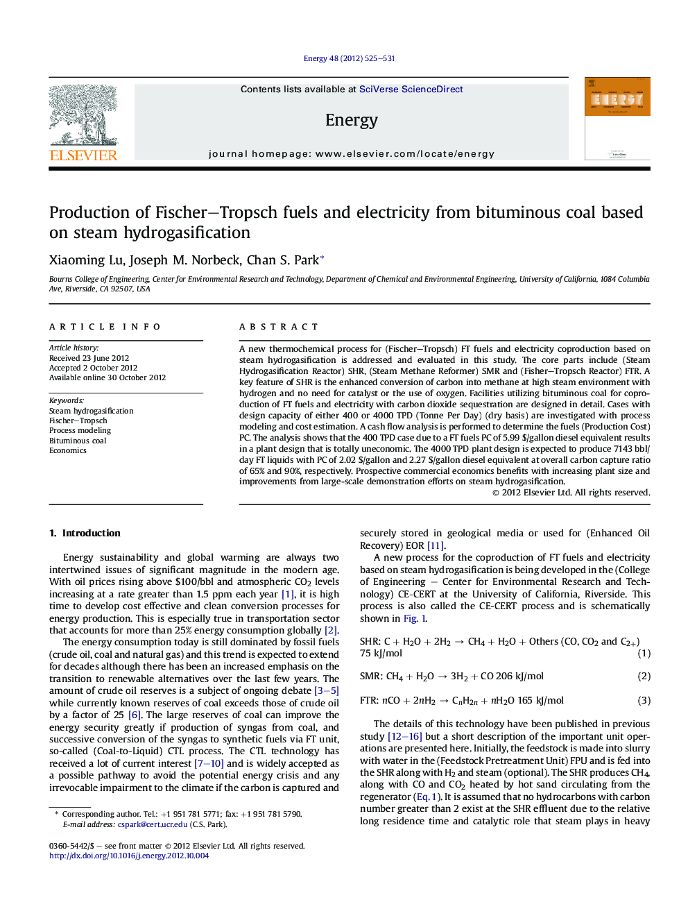 Production of Fischer–Tropsch fuels and electricity from bituminous coal based on steam hydrogasification