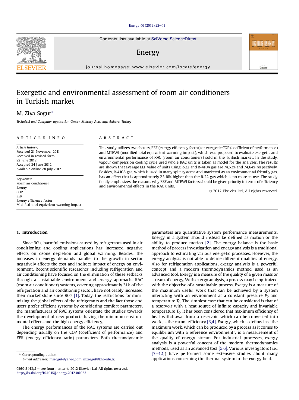 Exergetic and environmental assessment of room air conditioners in Turkish market