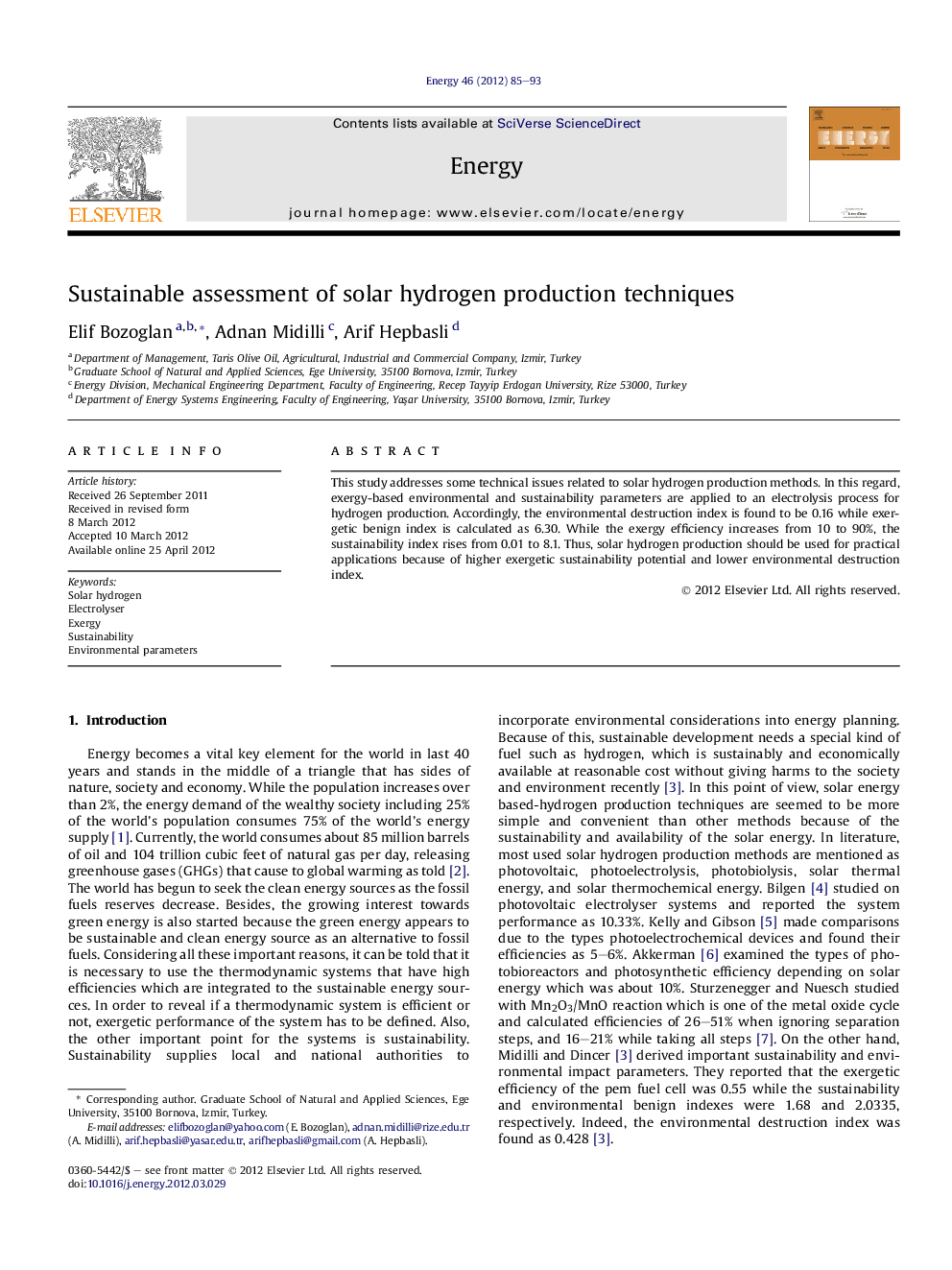 Sustainable assessment of solar hydrogen production techniques