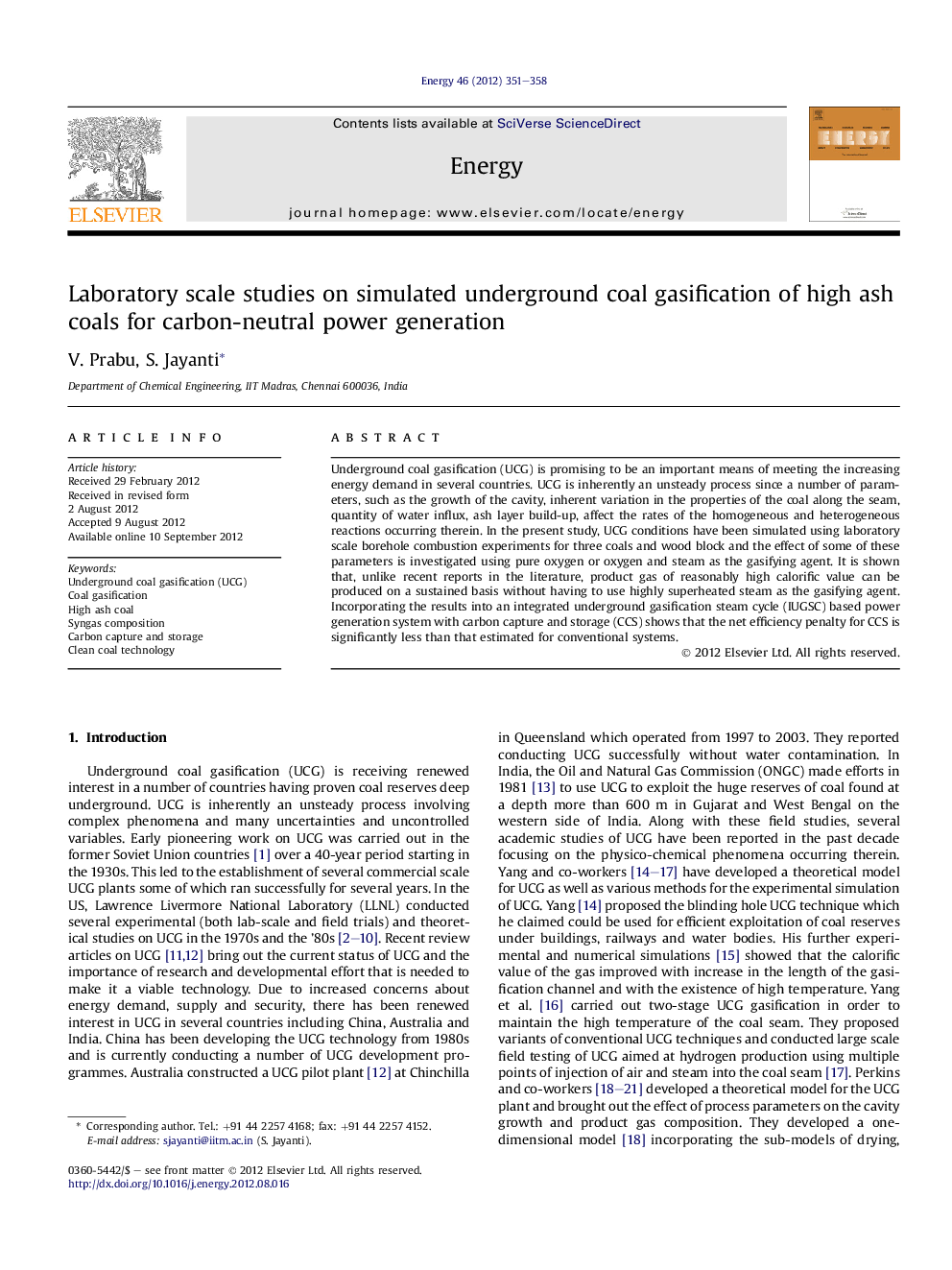 Laboratory scale studies on simulated underground coal gasification of high ash coals for carbon-neutral power generation