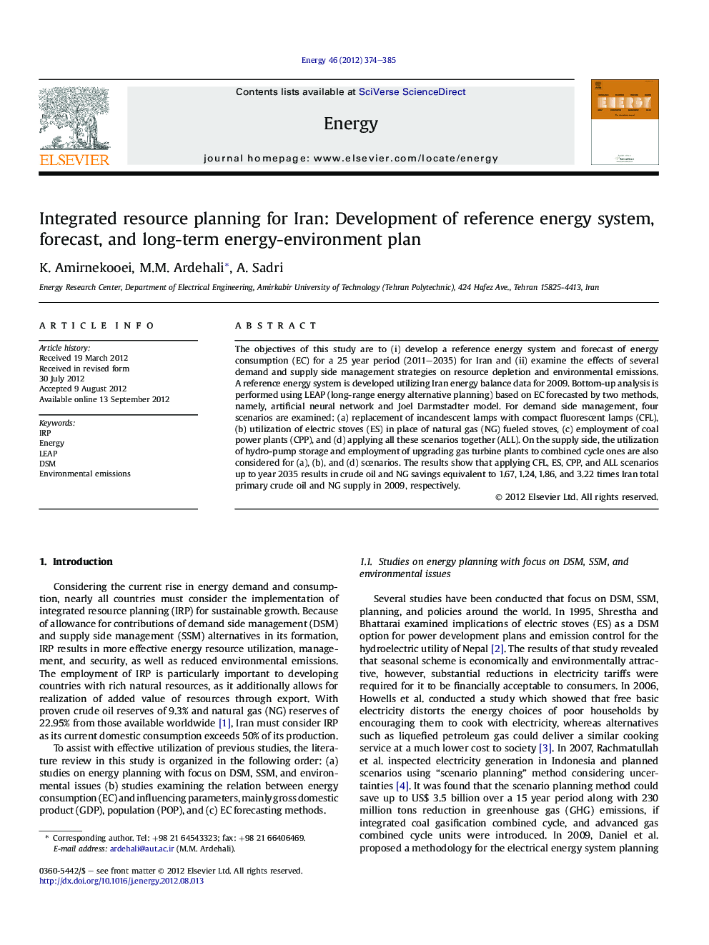 Integrated resource planning for Iran: Development of reference energy system, forecast, and long-term energy-environment plan