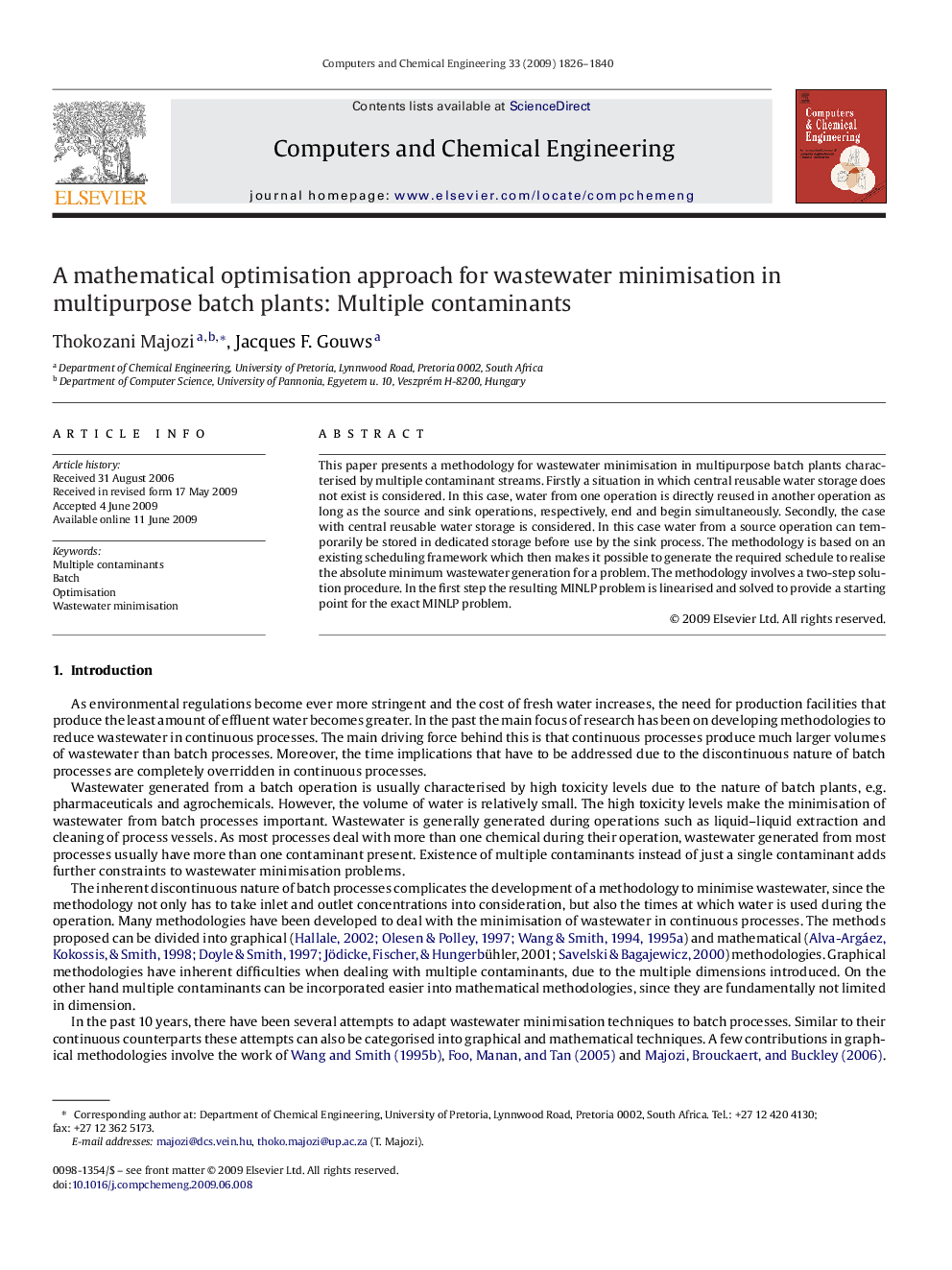 A mathematical optimisation approach for wastewater minimisation in multipurpose batch plants: Multiple contaminants