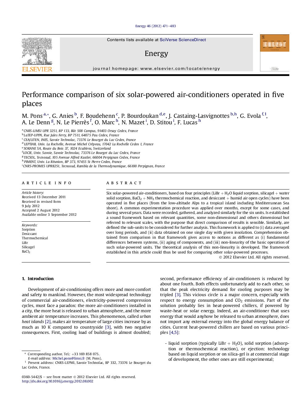 Performance comparison of six solar-powered air-conditioners operated in five places