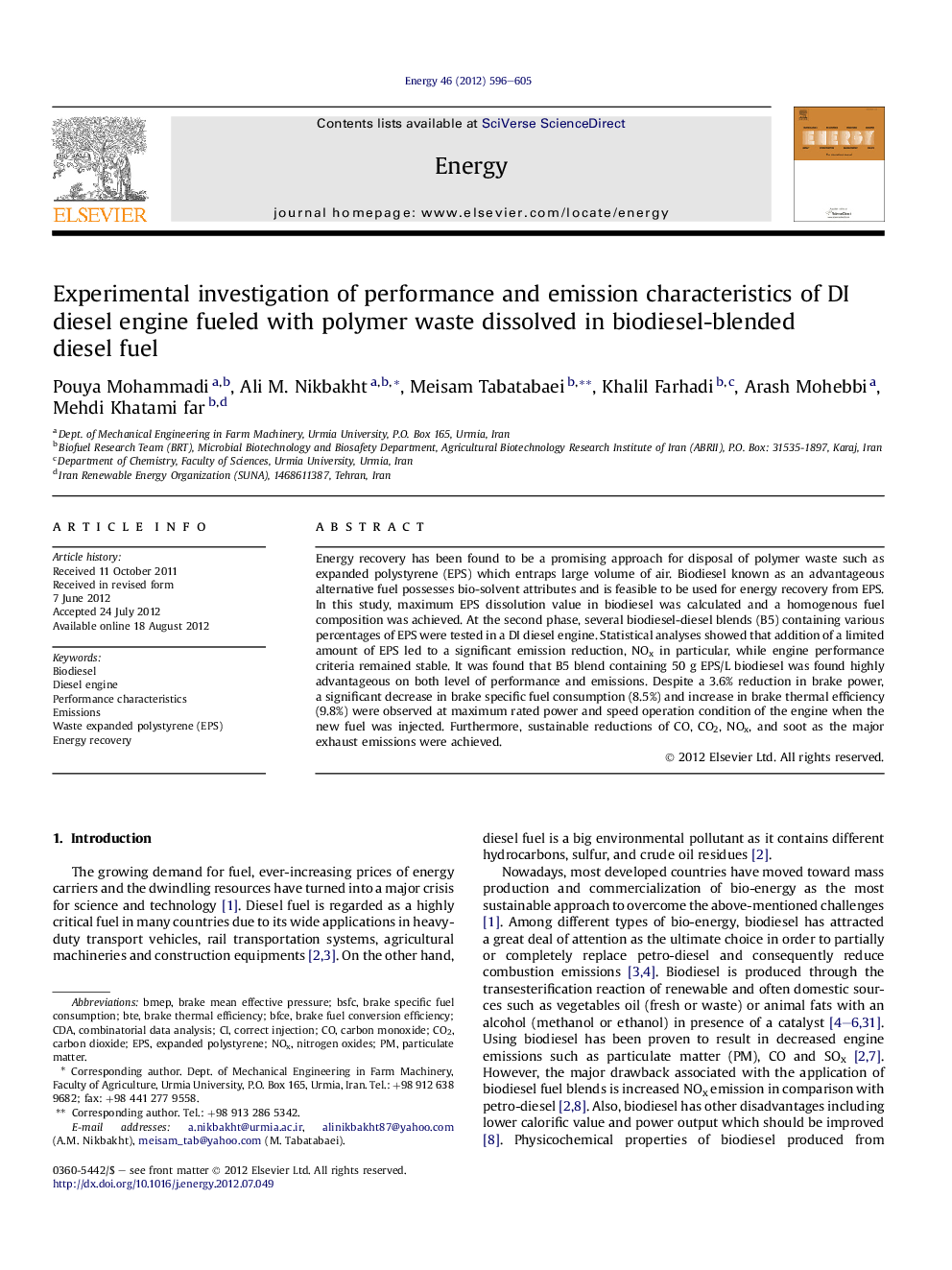 Experimental investigation of performance and emission characteristics of DI diesel engine fueled with polymer waste dissolved in biodiesel-blended diesel fuel