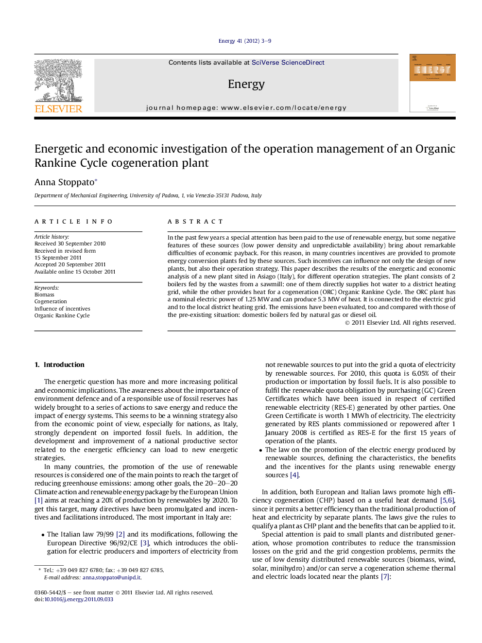 Energetic and economic investigation of the operation management of an Organic Rankine Cycle cogeneration plant